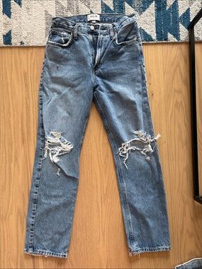 Agolde Light Blue Distressed Straight-Leg Jeans